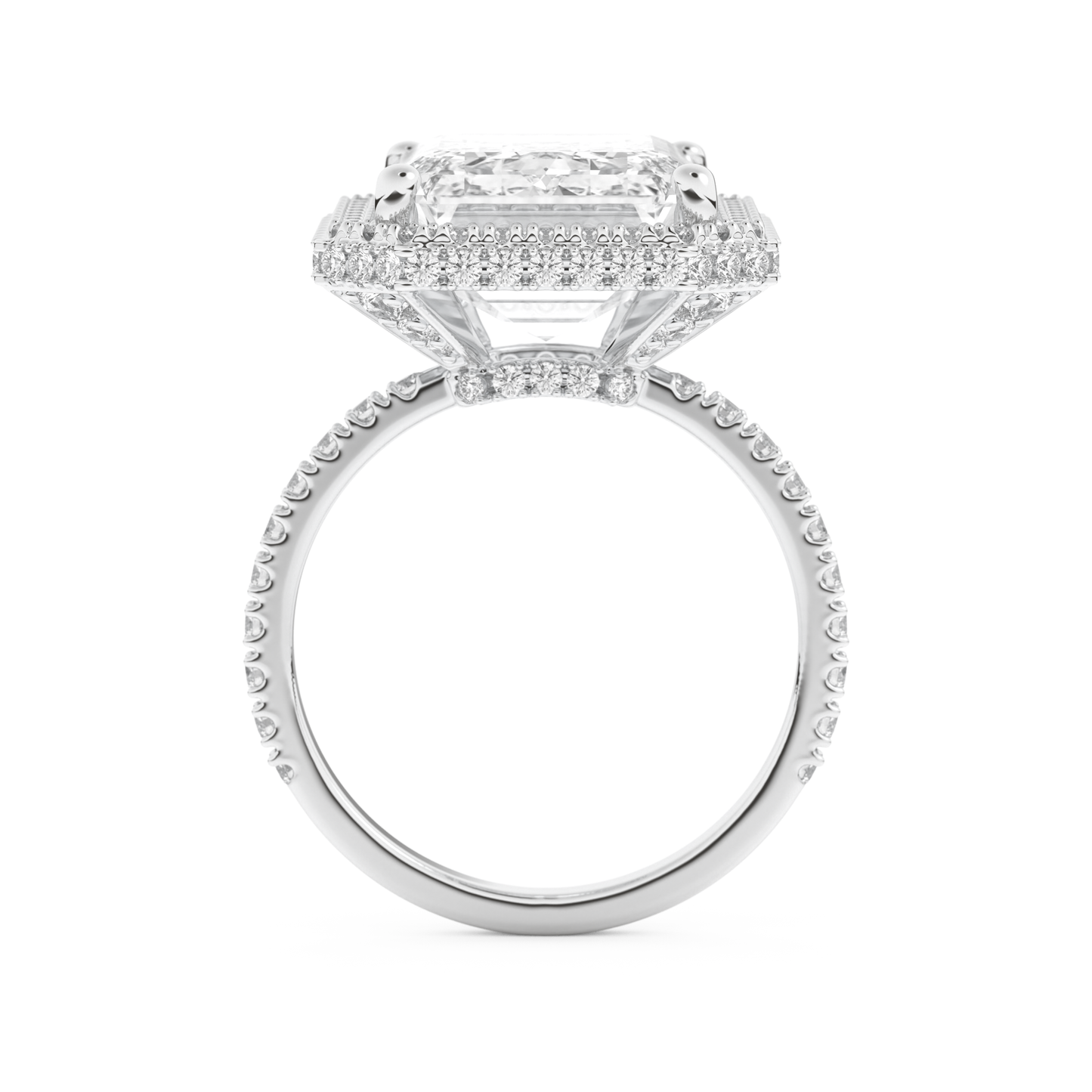 Elongated Emerald Cut 10.8 Carat Moissanite Ring – Hidden Halo & Pave Setting in Gold