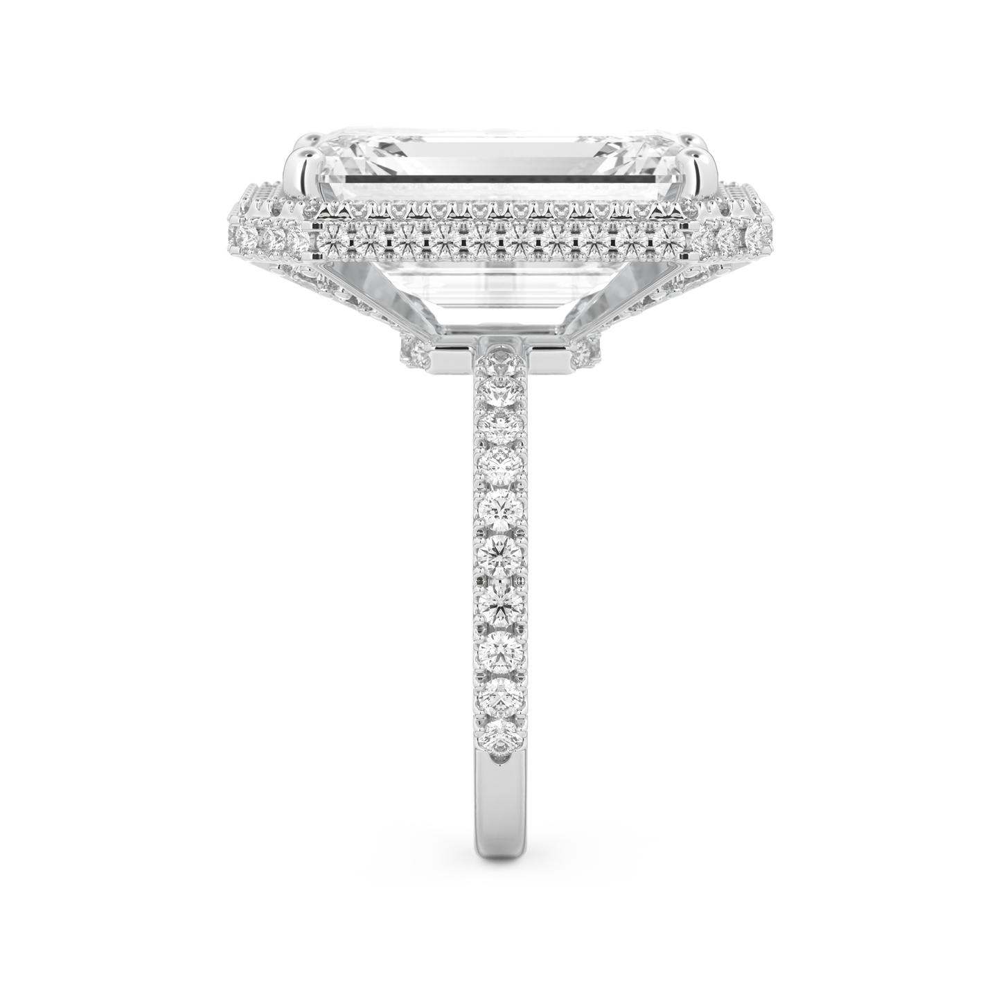 Elongated Emerald Cut 10.8 Carat Moissanite Ring – Hidden Halo & Pave Setting in Gold