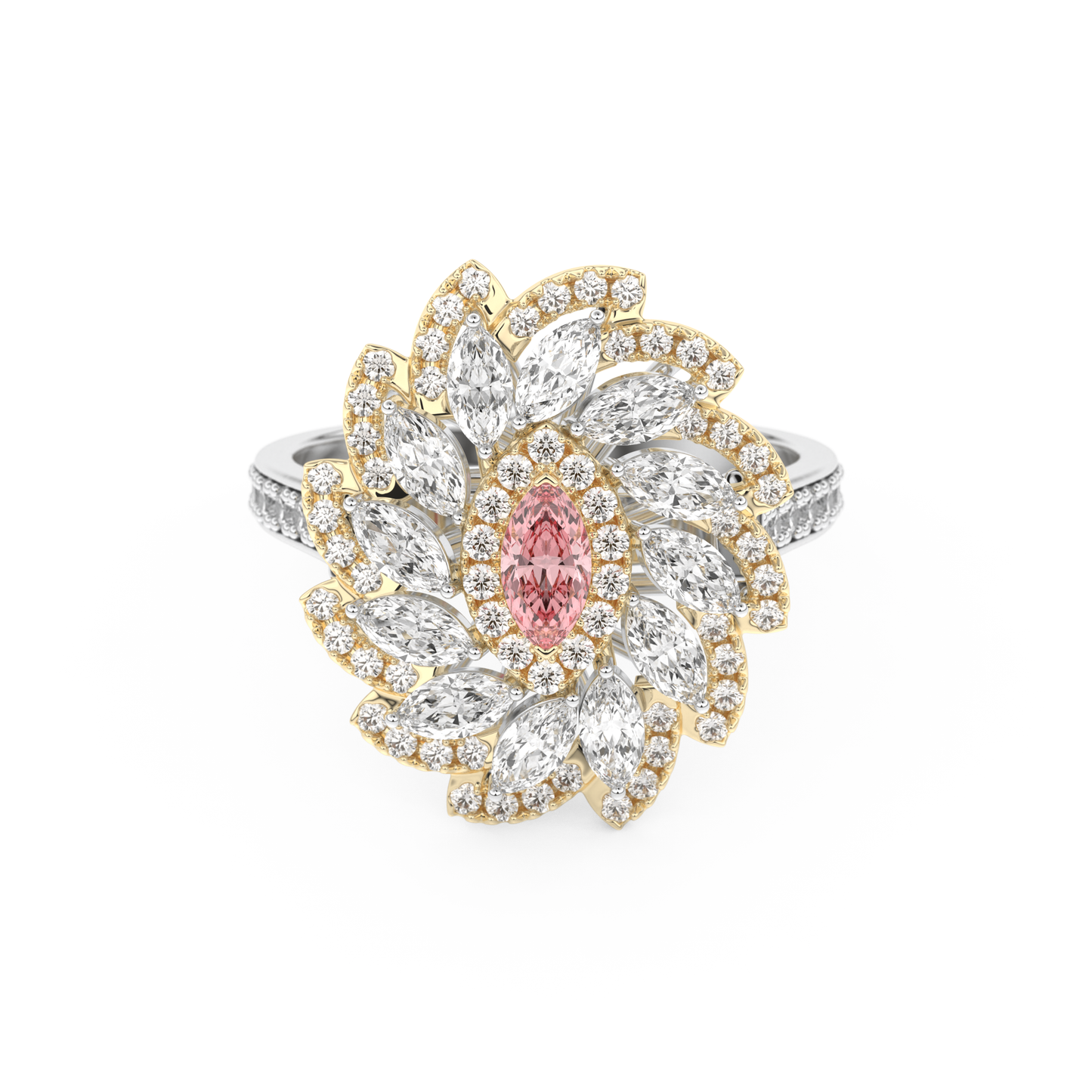Elongated Marquise Cut 0.18 Carat Moissanite Ring – Cluster & Pave Setting in Gold