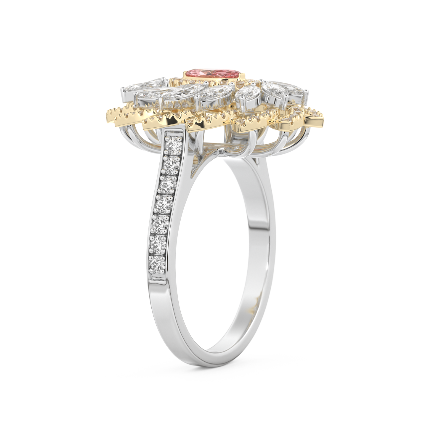Elongated Marquise Cut 0.18 Carat Moissanite Ring – Cluster & Pave Setting in Gold