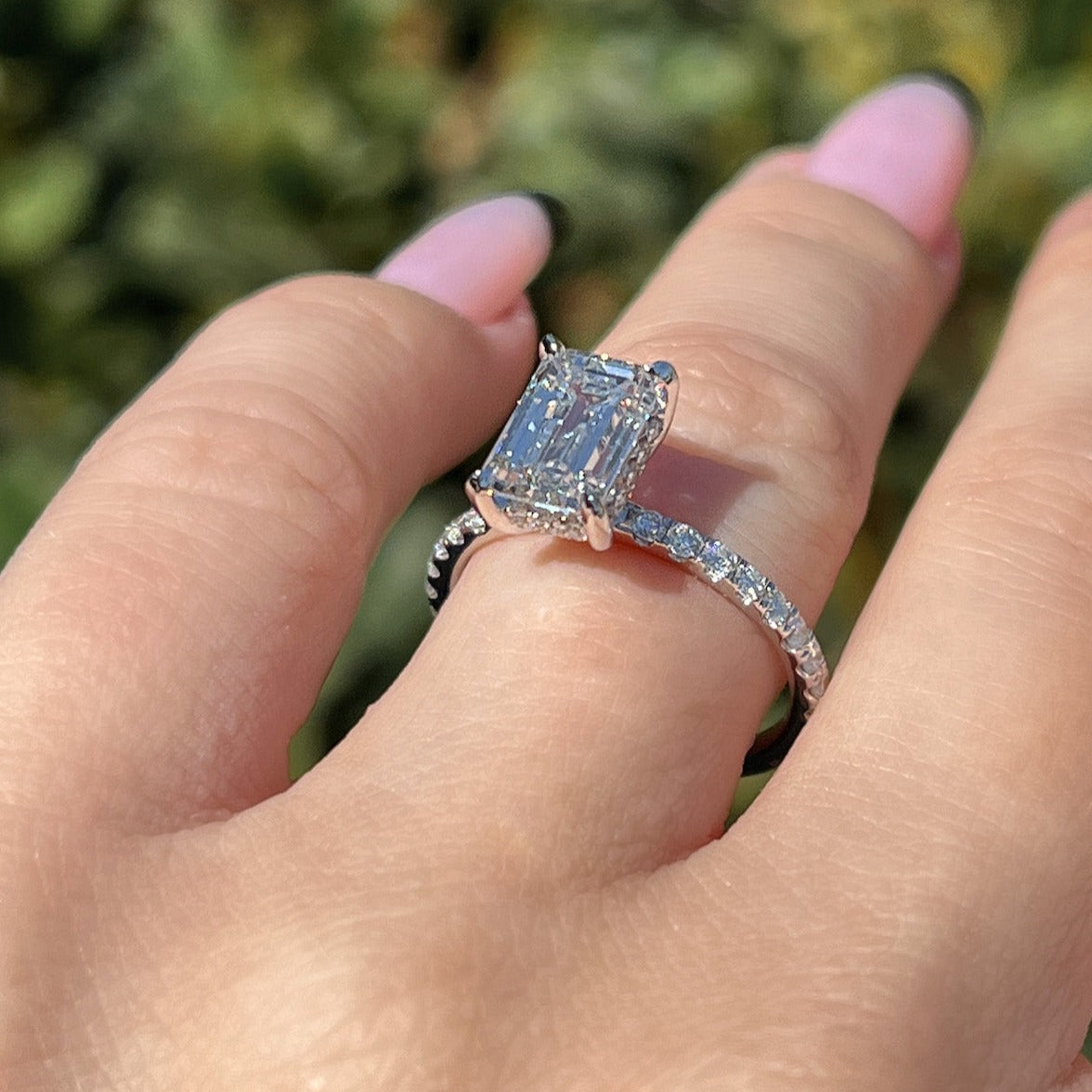 Stunning 2.0 CT Emerald Moissanite Engagement Ring with Hidden Halo & Pave Design 2