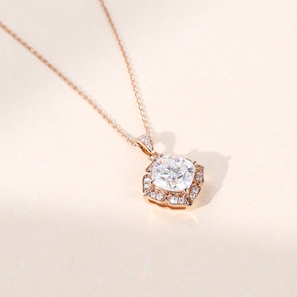 1.10 CT Cushion Moissanite Diamond Halo Pendant Necklace in Solid Gold 2