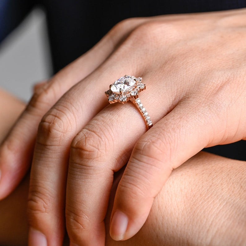 Stunning 1.0 - 2.0 CT Oval Moissanite Engagement Ring with Pave & Halo Design 2