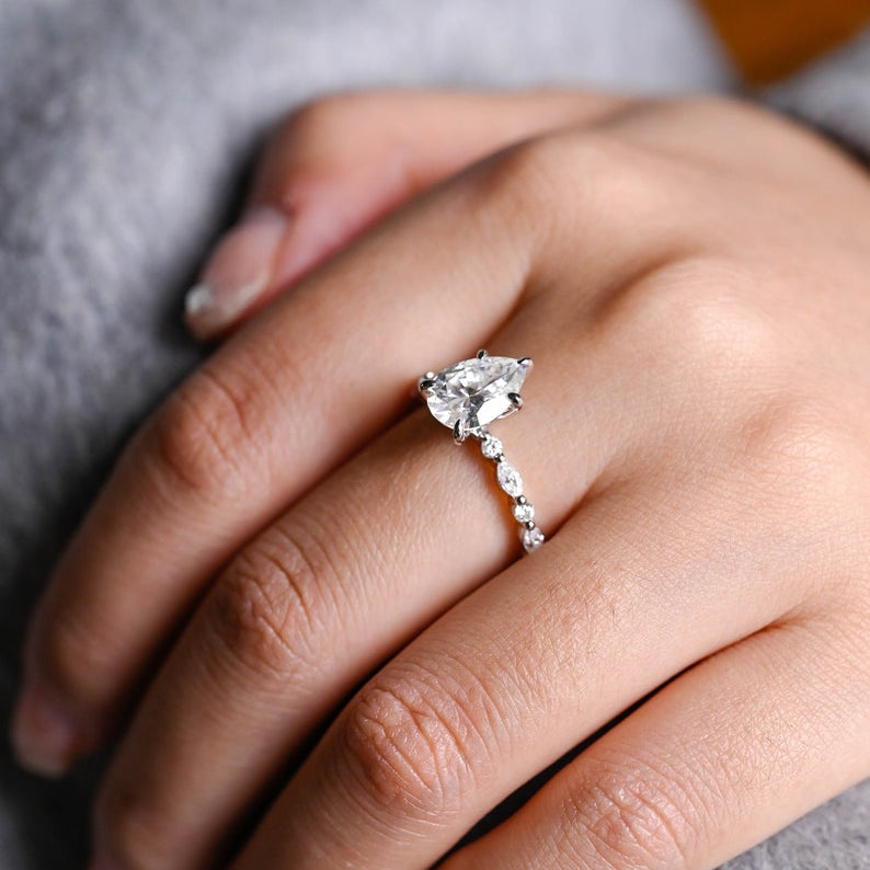 Stunning 1.0 - 2.0 CT Pear Moissanite Engagement Ring with Pave Design 2