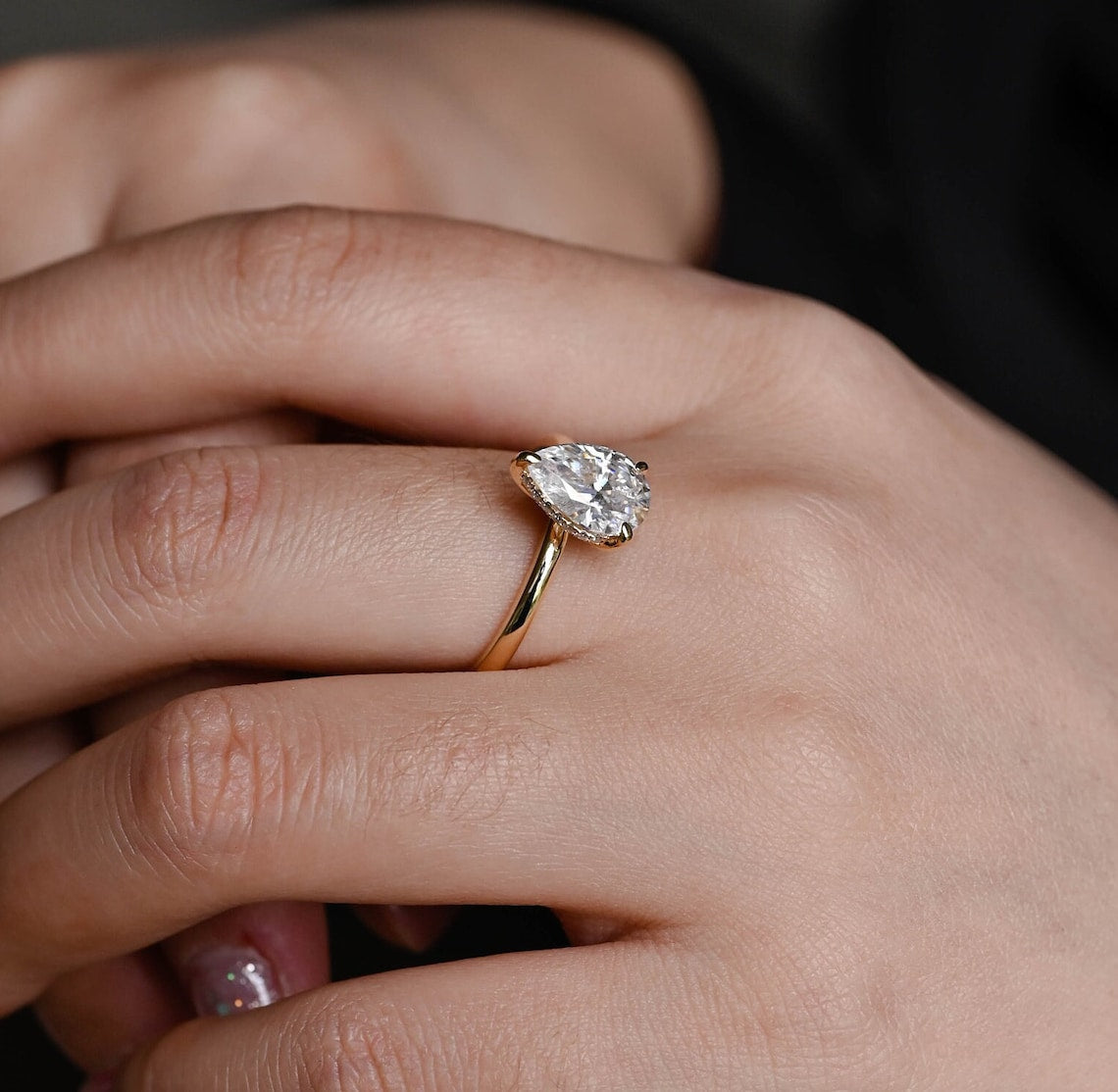 Stunning 3.0 CT Pear Moissanite Engagement Ring with Hidden Halo Design 10
