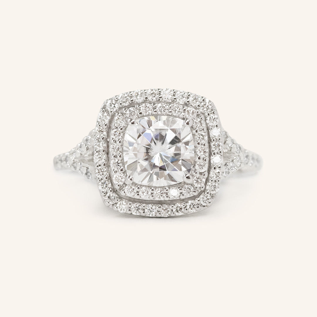 Stunning 1.0 CT Cushion Moissanite Engagement Ring with Double Halo & Pave Design 2