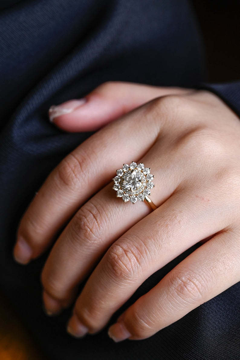 Stunning 0.5 - 1.5 CT Round Moissanite Engagement Ring with Double Halo Design 6
