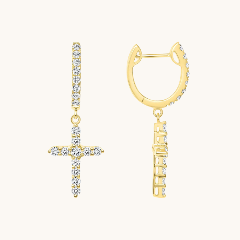 1.0 TCW Round Cut Moissanite Cross Drop Earrings in Gold 1
