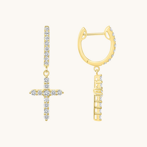 1.0 TCW Round Cut Moissanite Cross Drop Earrings in Gold