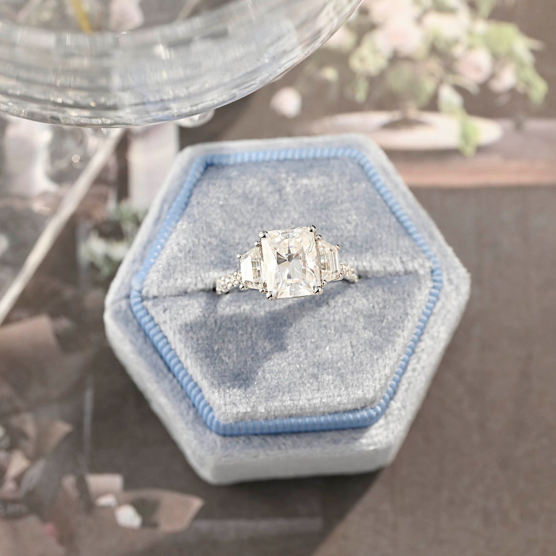 Stunning 4.0 CT Radiant Moissanite Engagement Ring with 3 Stones & Pave Design 10