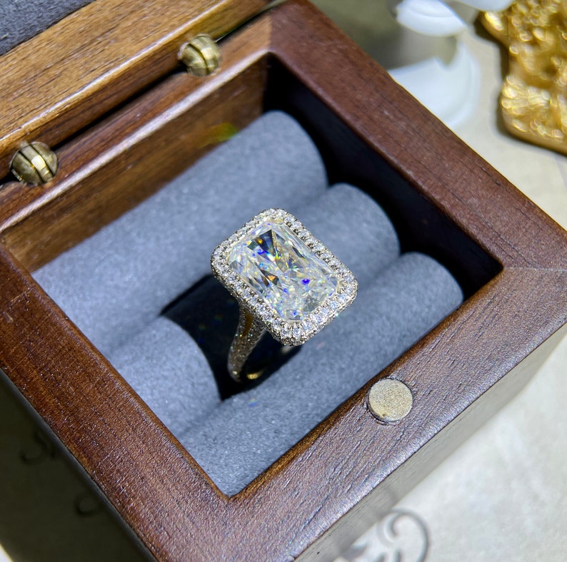 5.0 CT Radiant Shaped Moissanite Engagement Ring With Halo Split Shank Pave Accents 13