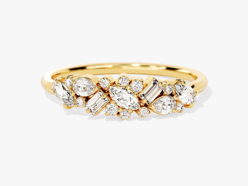 Stunning 0.72 CT Round, Marquise & Baguette Moissanite Stones Cluster Wedding Band 1