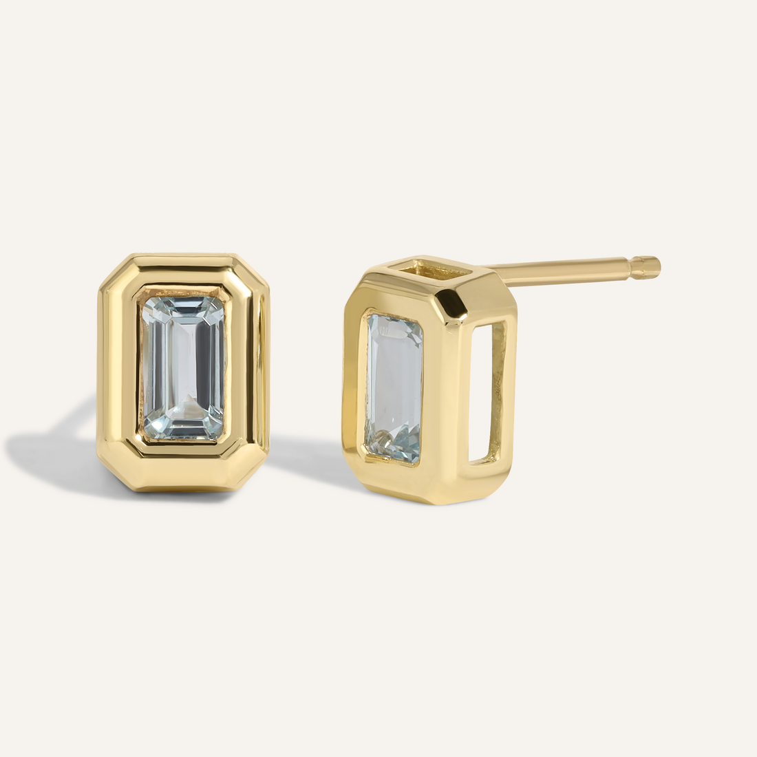 0.20 TCW Emerald Cut Moissanite Bezel Stud Earrings in Gold 1