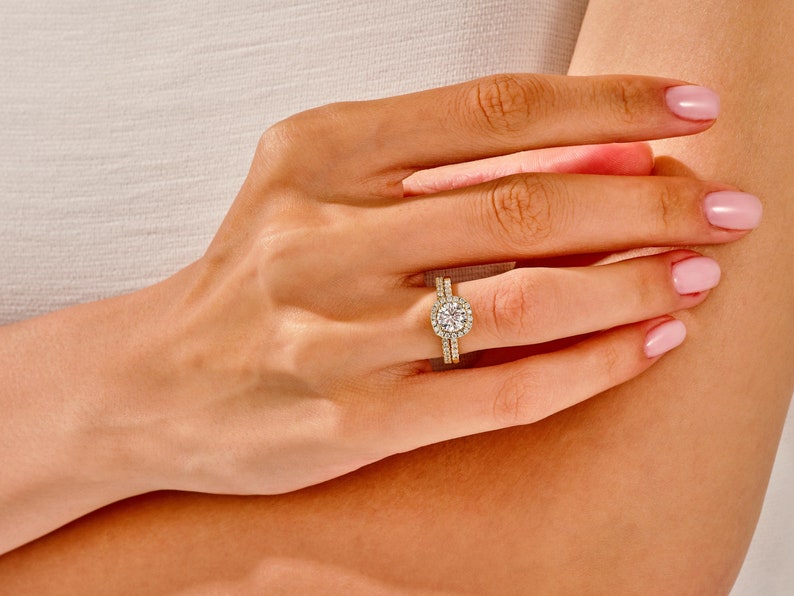 1.0 CT Round Cut Moissanite Halo Bridal Ring Set with Half Eternity Wedding Bands 7