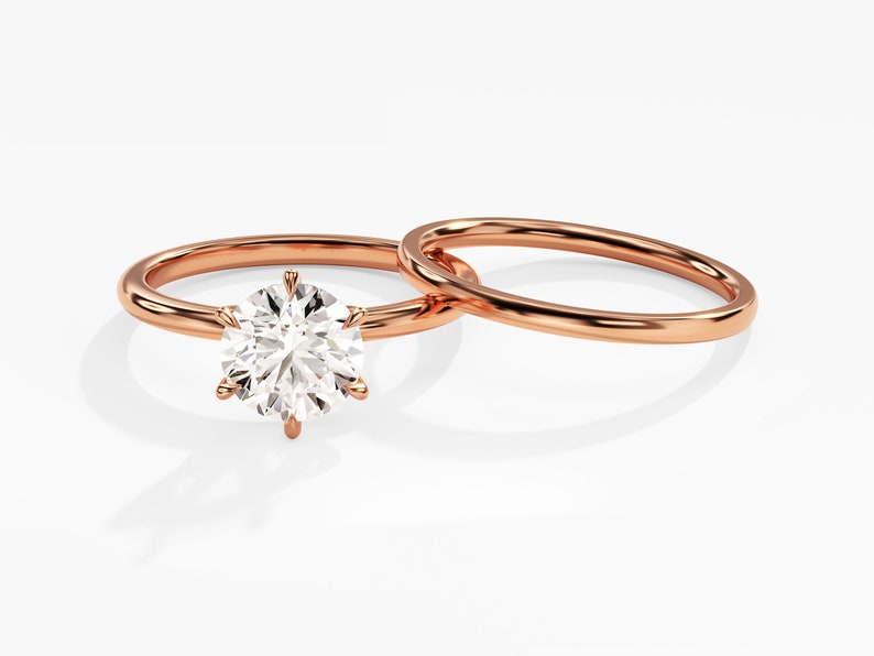 1.50 CT Round Cut Moissanite Bridal Ring Set with Plain Wedding Bands 4