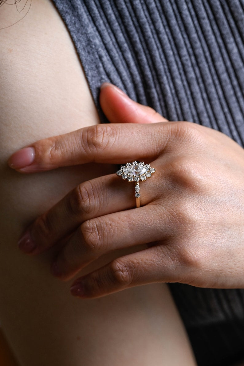 Stunning 1.0 - 2.0 CT Marquise Moissanite Engagement Ring with Pave & Hidden Halo Design 4
