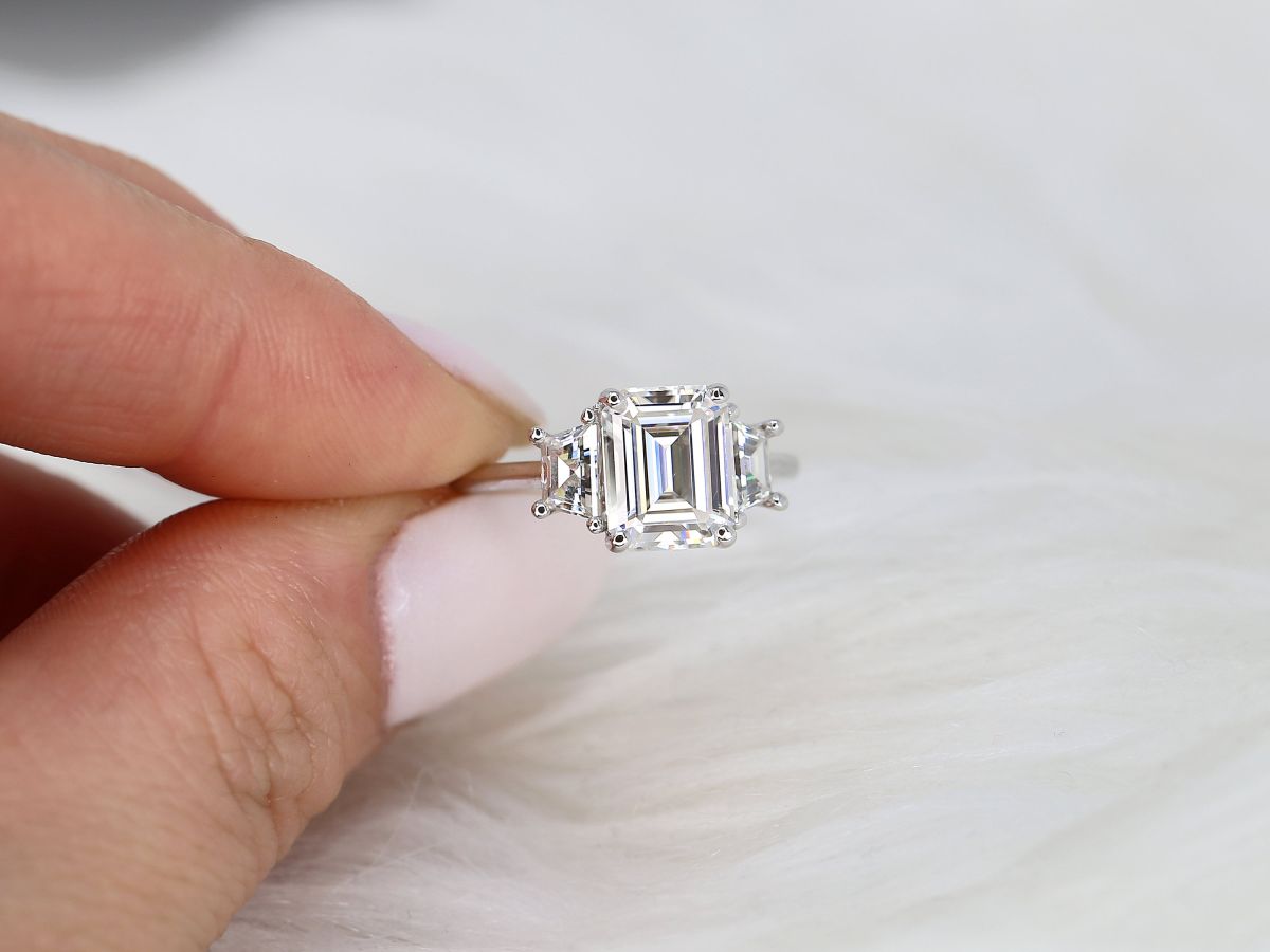 Stunning 3.60 CT Emerald Moissanite Engagement Ring with Three stone Design 4