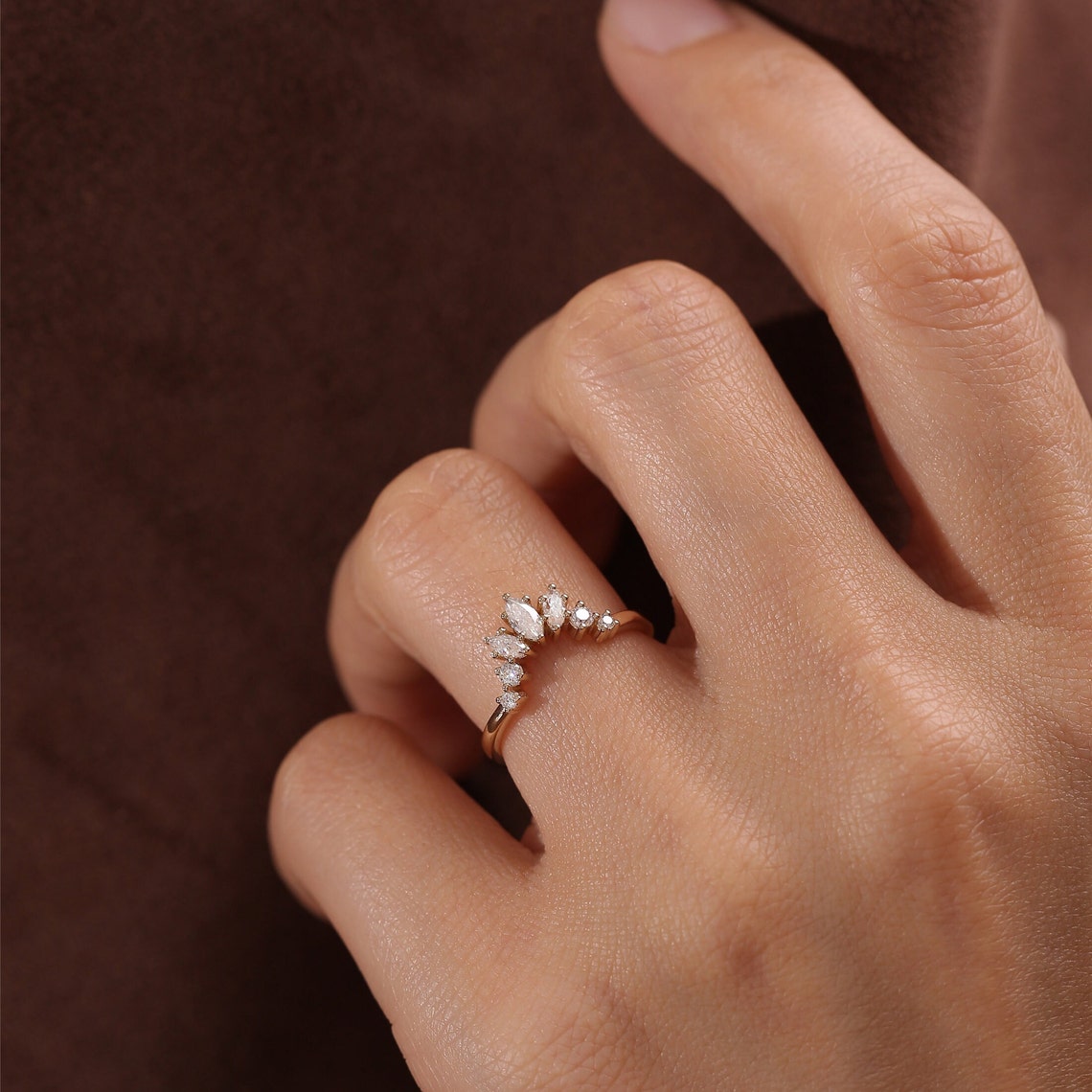 0.15 TCW Marquise Cut Moissanite Bridal Wedding Band With Curved Style 8