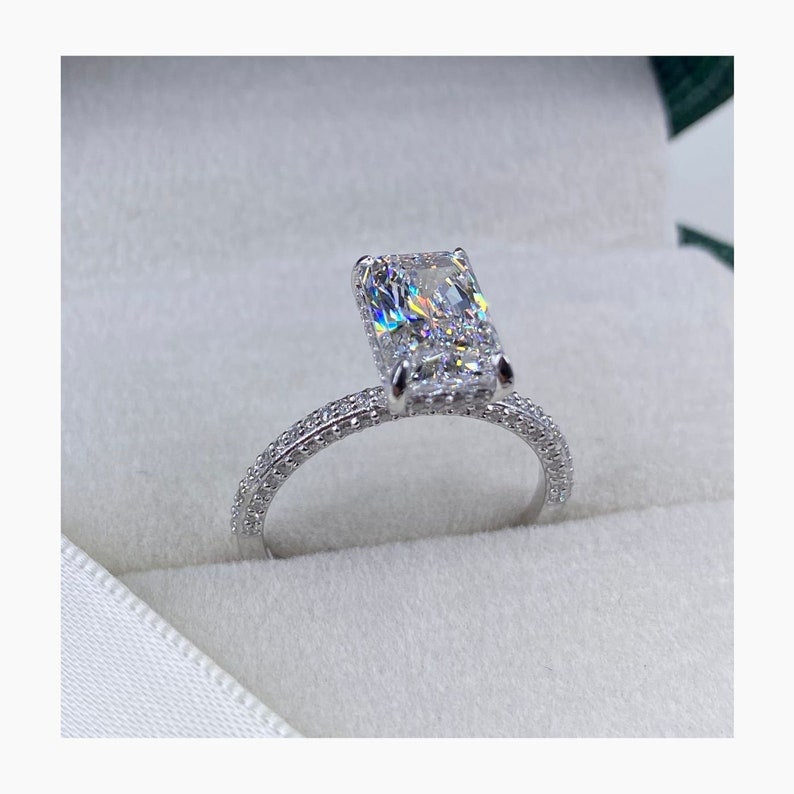 Stunning 2.5 CT Radiant Moissanite Engagement Ring with Pave and Hidden Halo Designs 4