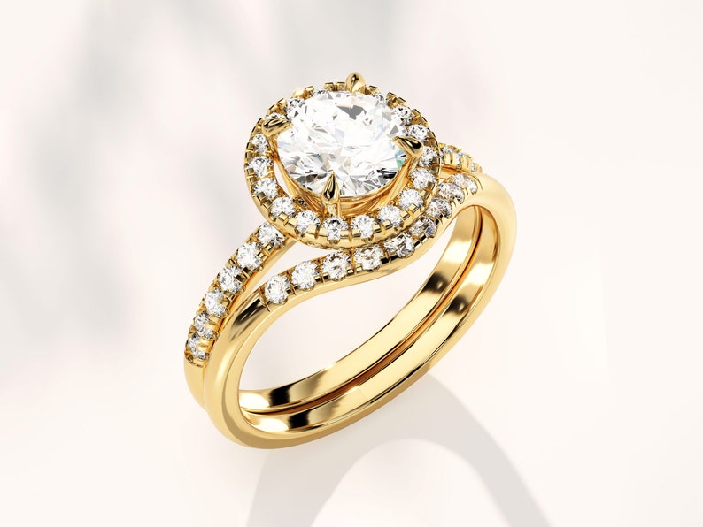 1.0 CT Round Cut Moissanite Halo Bridal Ring Set with Curved Wedding Bands 2