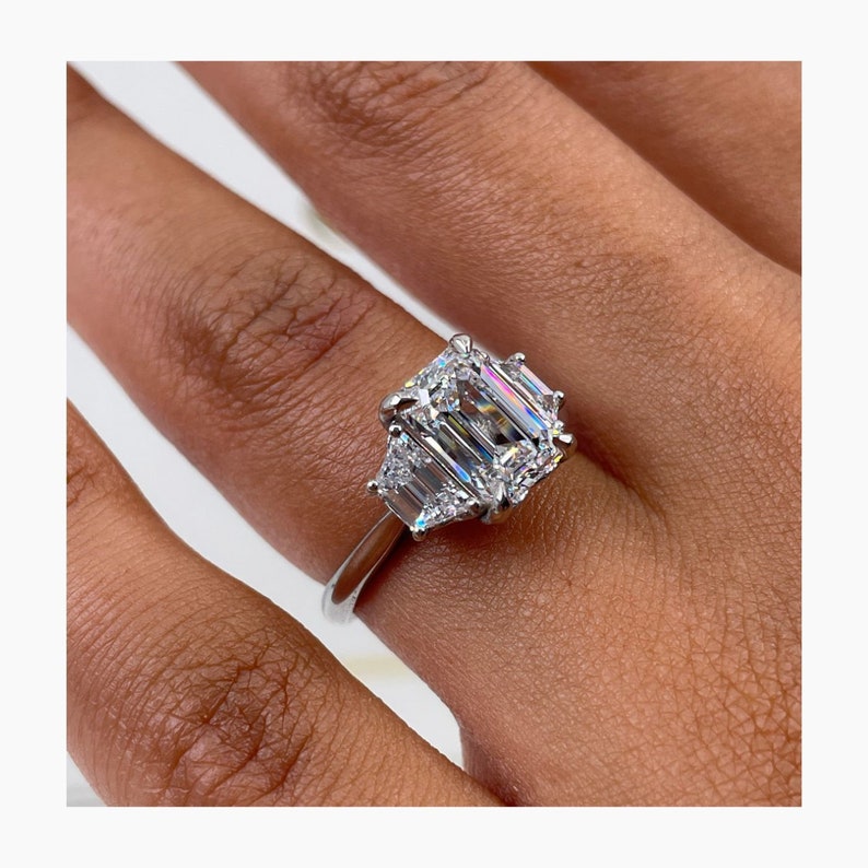 Classic 2.0 CT Emerald Moissanite Engagement Ring with Three Stone Design 4