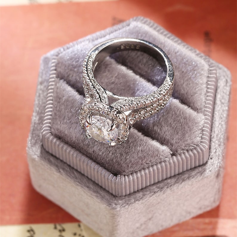 Stunning 3.0 CT Round Moissanite Engagement Ring with Triple Shank Pave Design 7