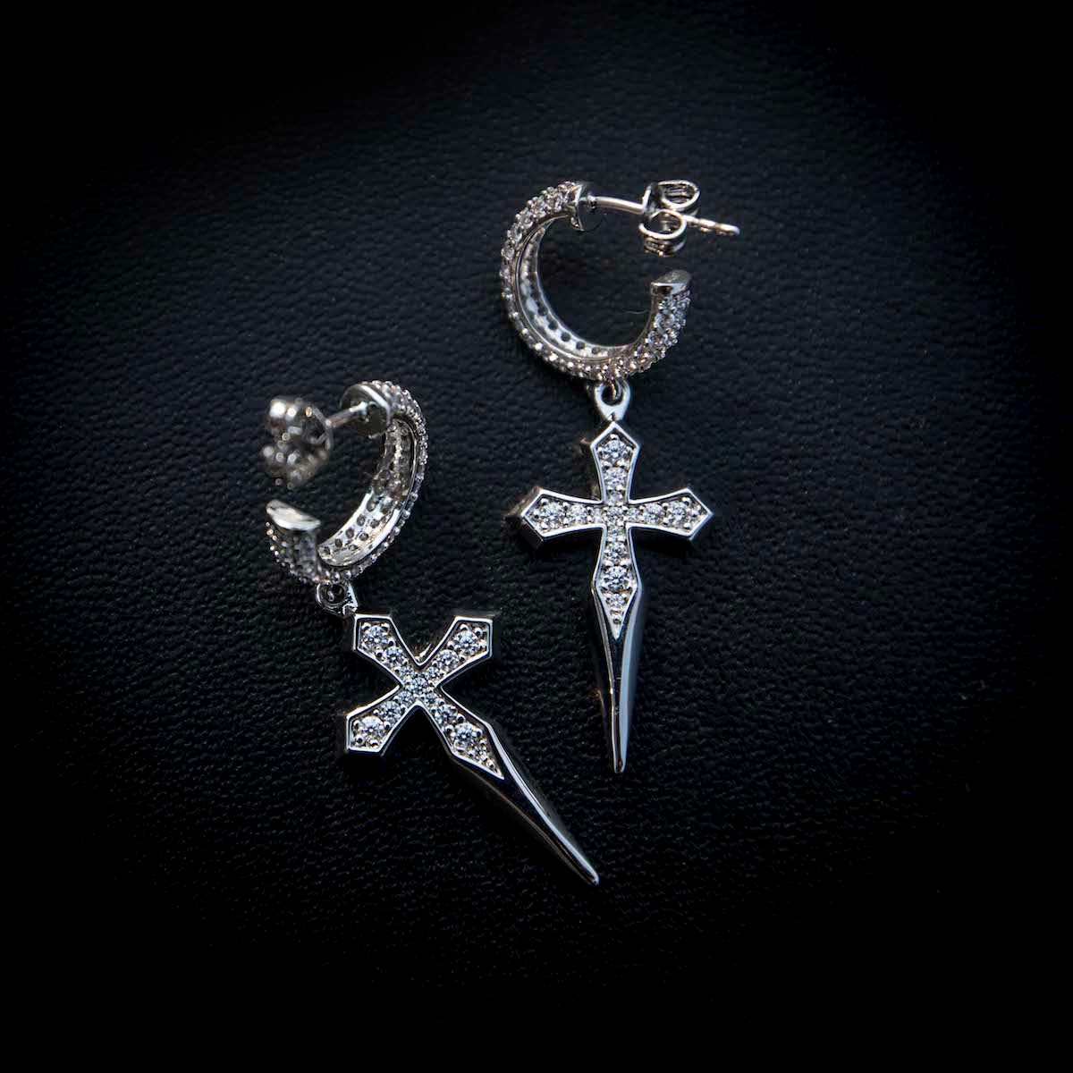 3 CT Round Moissanite Cross Hoop Silver Earrings for Him 2