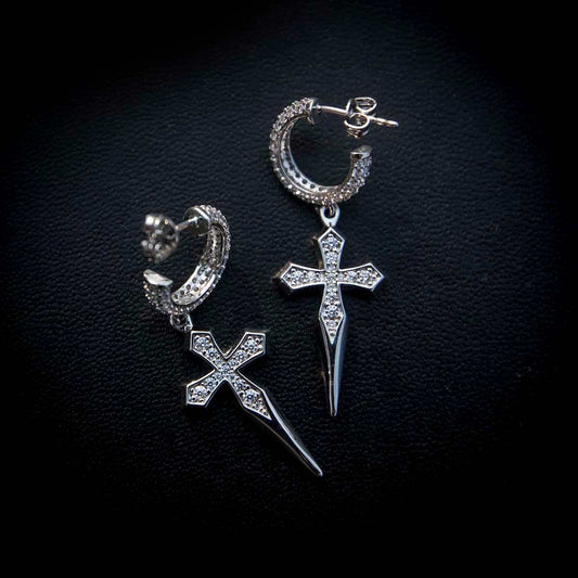 3 CT Round Moissanite Cross Hoop Silver Earrings for Him 2