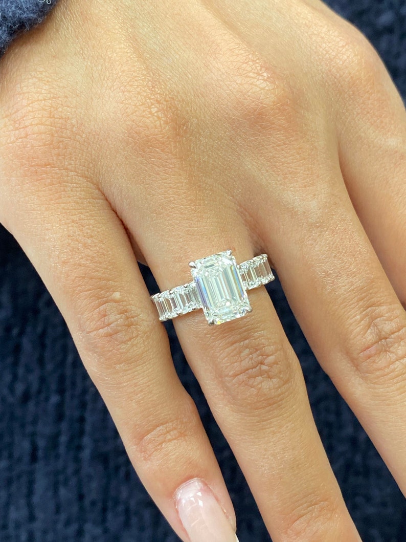 Stunning 2.0 CT Emerald Cut Moissanite Engagement Ring with Pave Design 6