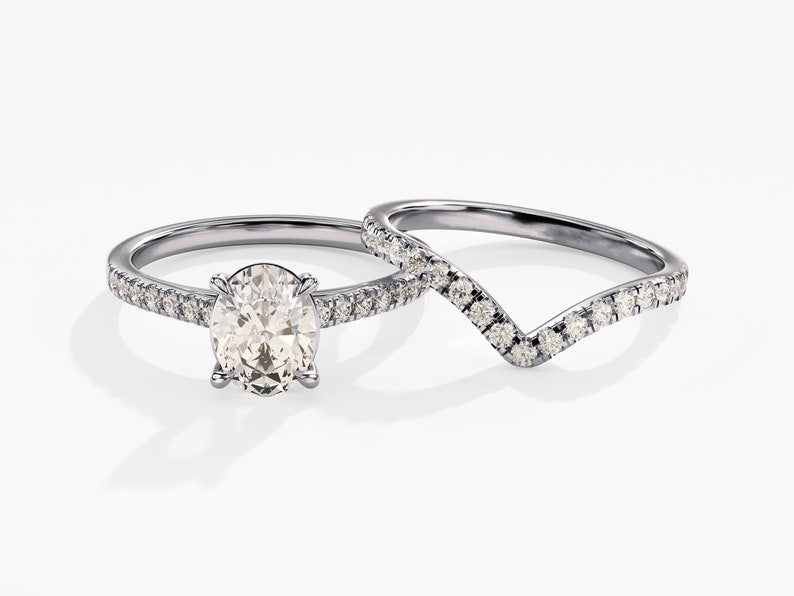 1.50 CT Oval Cut Moissanite Pave Bridal Ring Set with Curved Wedding Bands 3