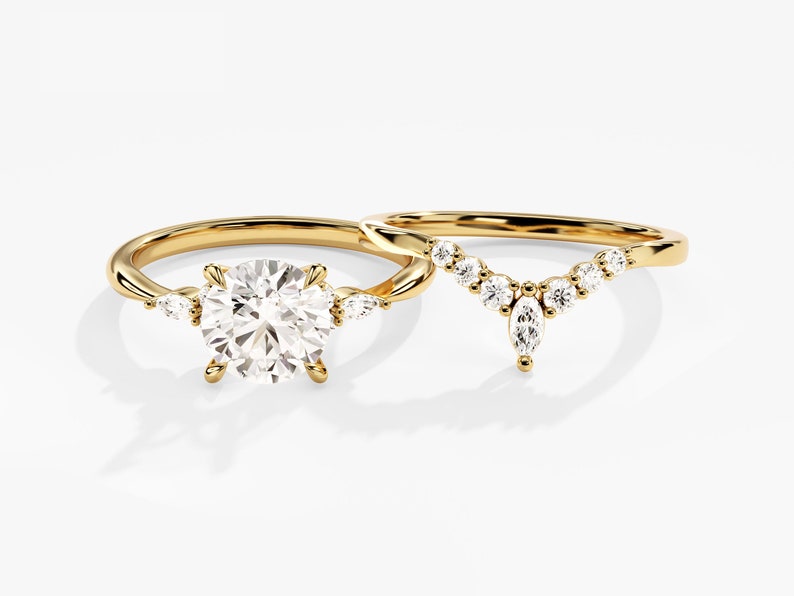 1.50 CT Round Cut Moissanite Cluster Bridal Ring Set with Round & Marquise Curved Wedding Bands 1