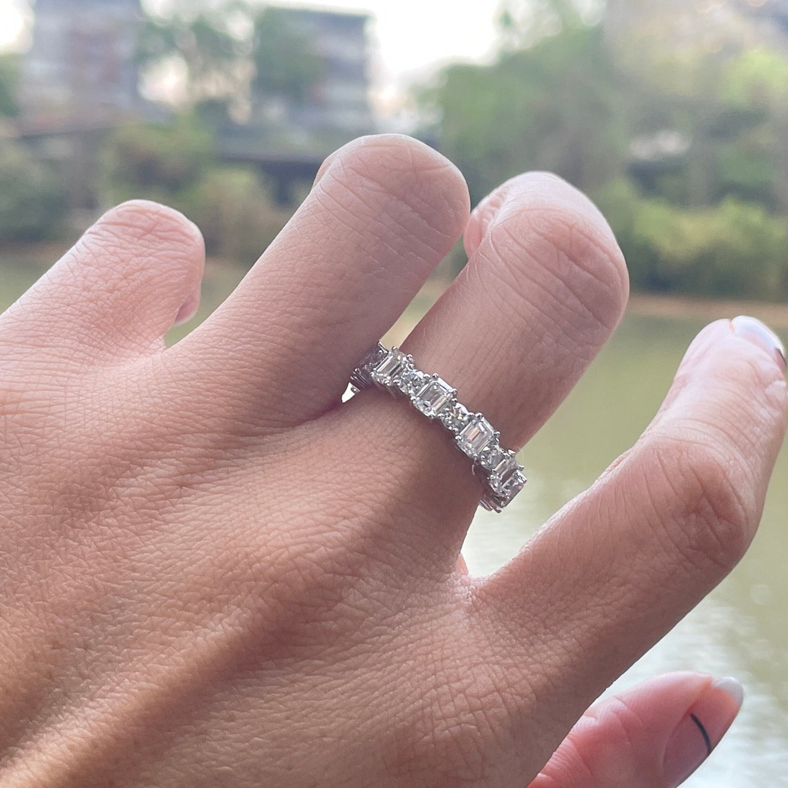 0.7 TCW Emerald & Round Cut Moissanite Bridal Wedding Band 6