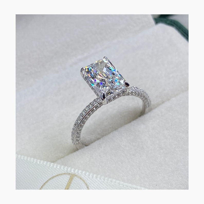 Stunning 2.5 CT Radiant Moissanite Engagement Ring with Pave and Hidden Halo Designs 2