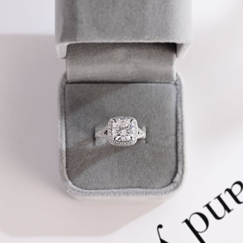 Stunning 1.0 - 2.0 CT Cushion Moissanite Engagement Ring With Pave & Halo Design 4