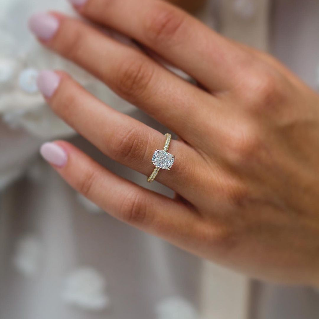1.50 CT Cushion Moissanite Ring Featuring Hidden Halo & Pave Style 2