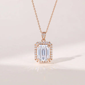 2.20 TCW Emerald Moissanite Diamond Halo Pendant Necklace in Solid Gold