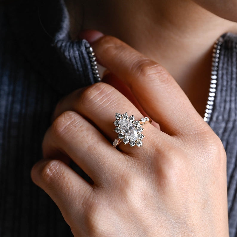 Stunning 1.0 - 2.0 CT Marquise Moissanite Engagement Ring with Pave & Hidden Halo Design 2