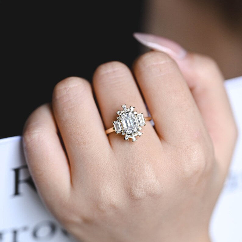 Stunning 1.0 - 2.0 CT Emerald Moissanite Engagement Ring With Cluster Design 2