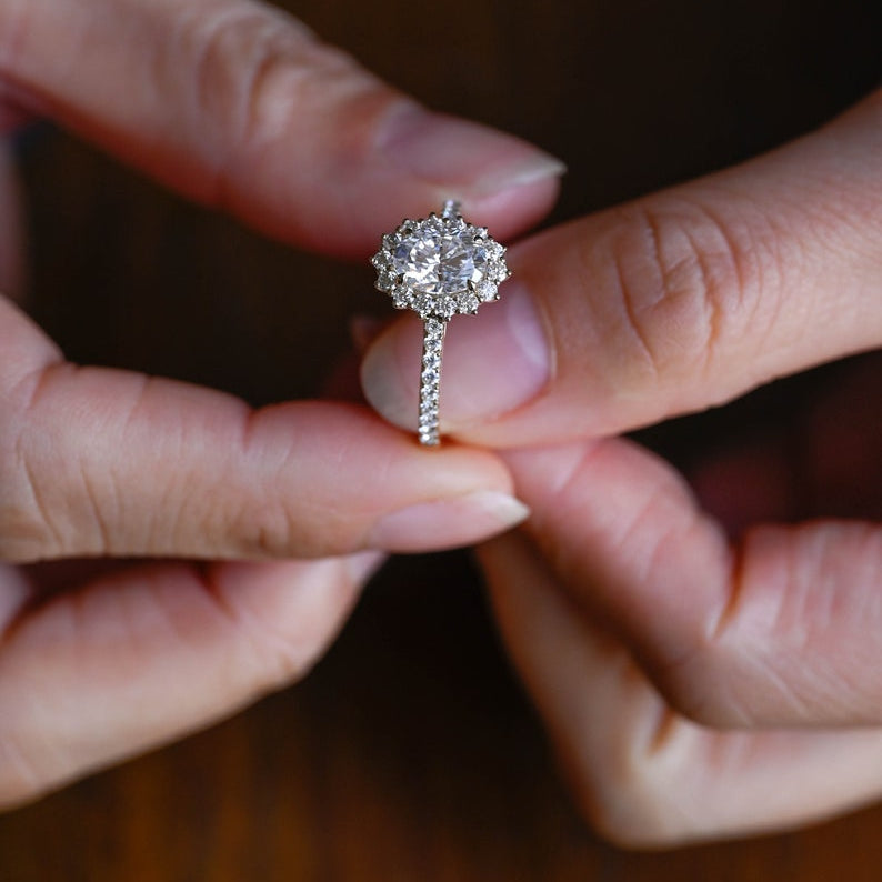 Stunning 1.0 - 2.0 CT Oval Moissanite Engagement Ring with Pave & Halo Design 2