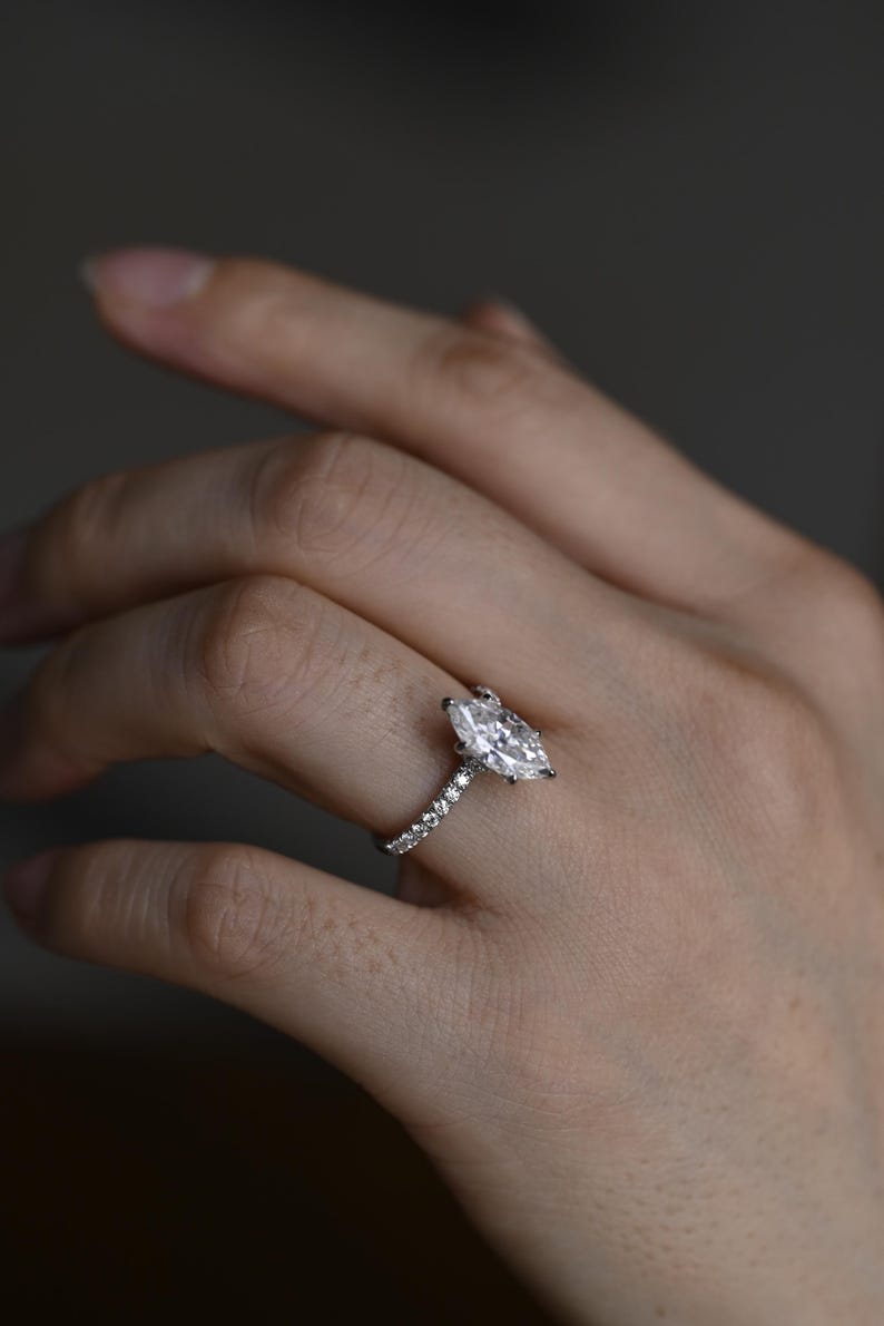 Stunning 1.0 - 2.0 CT Marquise Moissanite Engagement Ring with Pave Design 4