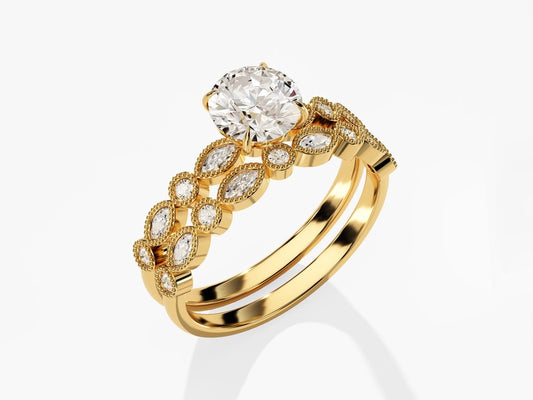 1.50 CT Round Cut Moissanite Bridal Ring Set with Marquise & Round Wedding Bands 2