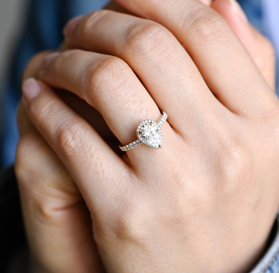 Stunning 1.0 CT Pear Moissanite Engagement Ring with Halo & Pave Design 10