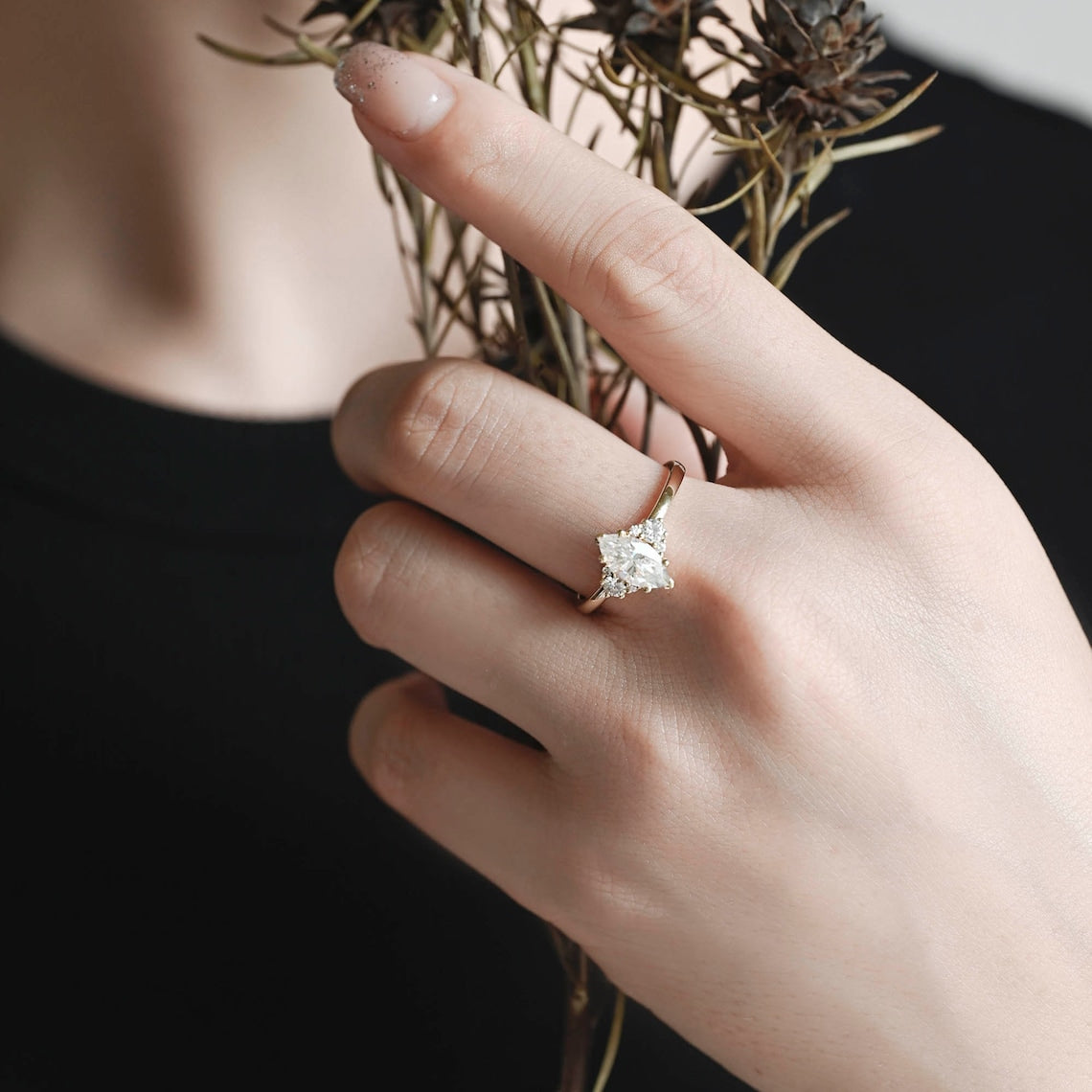 Stunning 3.0 CT Marquise Moissanite Engagement Ring with Cluster Design 4