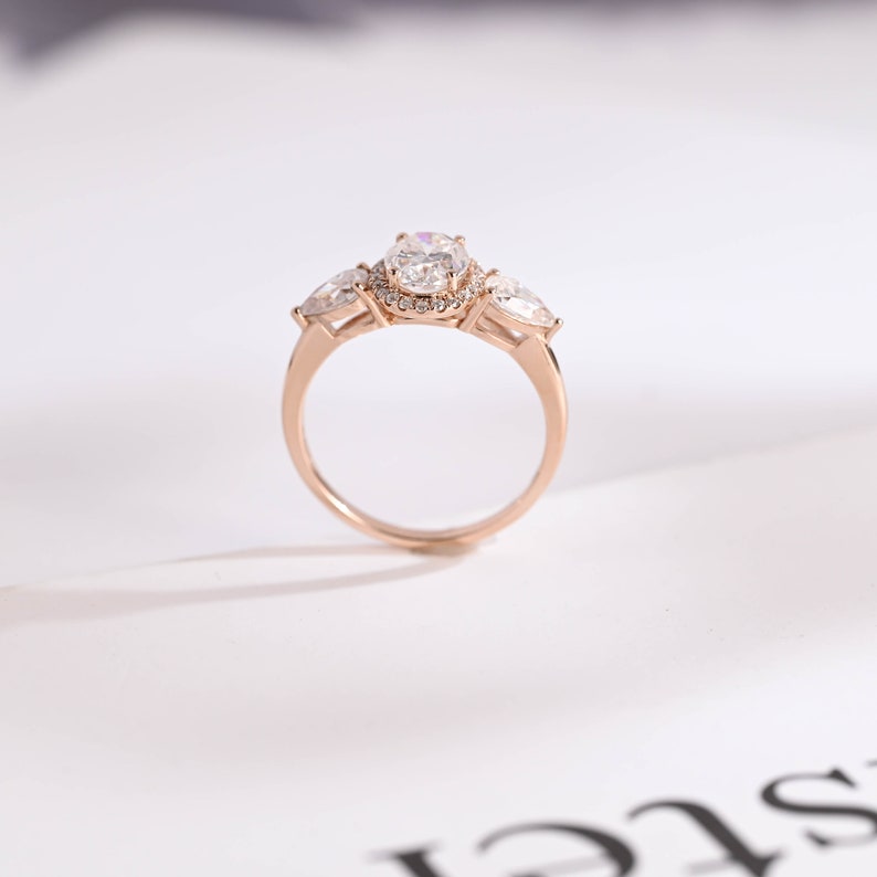 Stunning 1.0 - 2.0 CT Oval Moissanite Engagement Ring with Three Stone & Halo Design 5