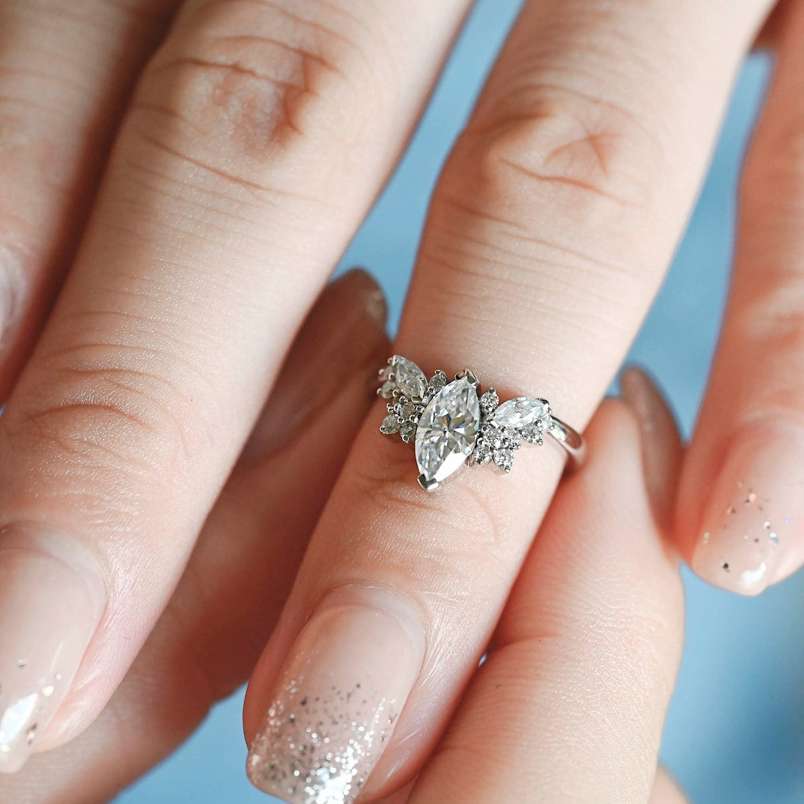 Stunning 1.0 CT Marquise Cut Moissanite Engagement Ring with Cluster Design 4