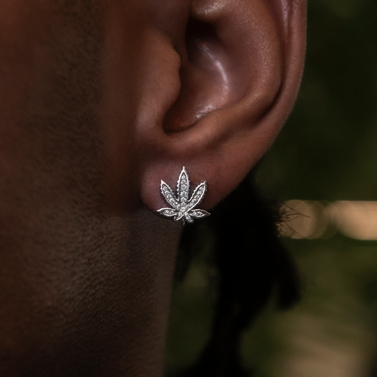 2.5 CT Round Moissanite Weed Leaf Stud Silver Earrings for Him 2