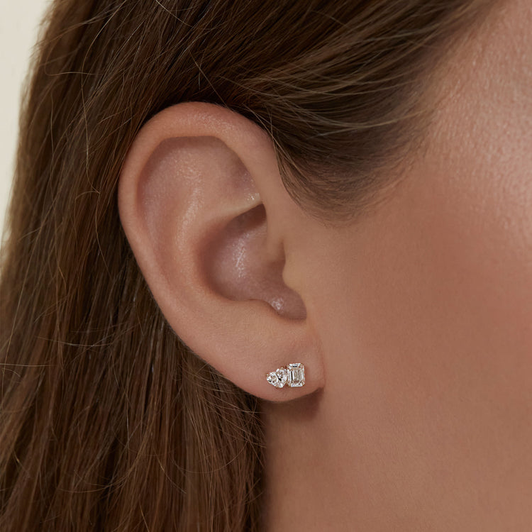 3.0 TCW Heart & Emerald Cut Moissanite Two Stone Stud Earrings in Gold 3