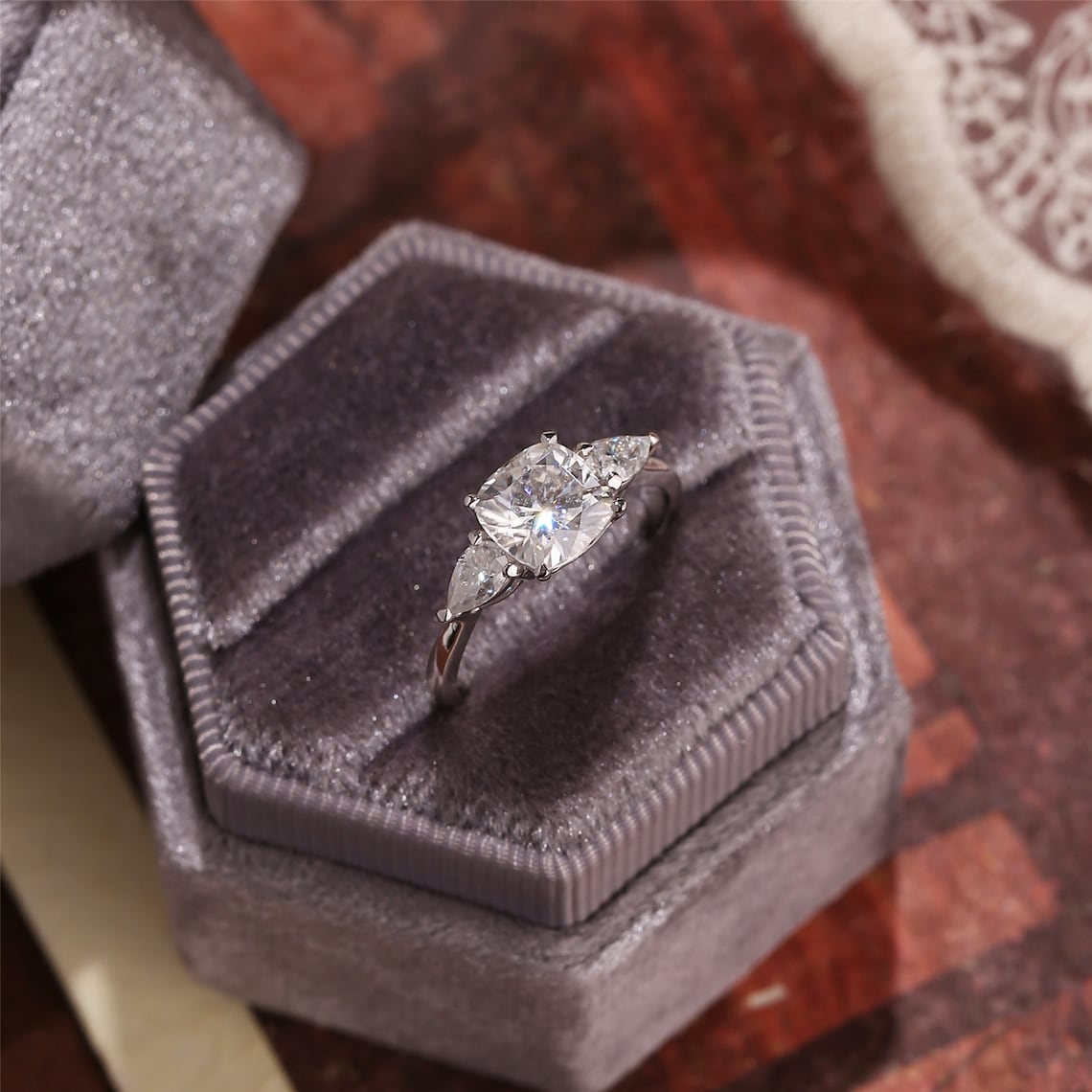 Stunning 1.0 CT Cushion Cut Moissanite Engagement Ring with Three Stone Design 4