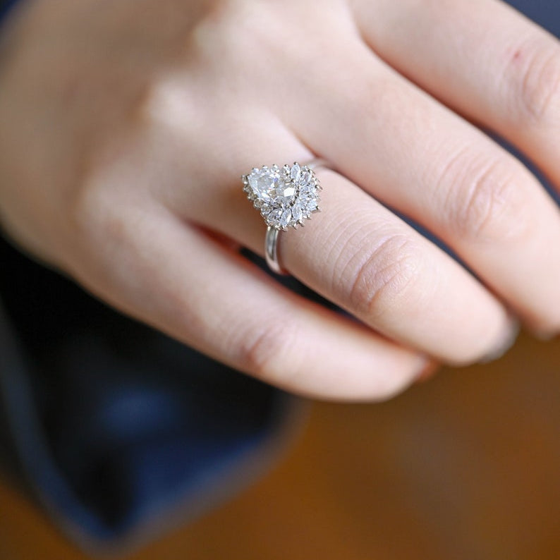Stunning 1.0 - 2.0 CT Pear Moissanite Engagement Ring with Cluster Design 2