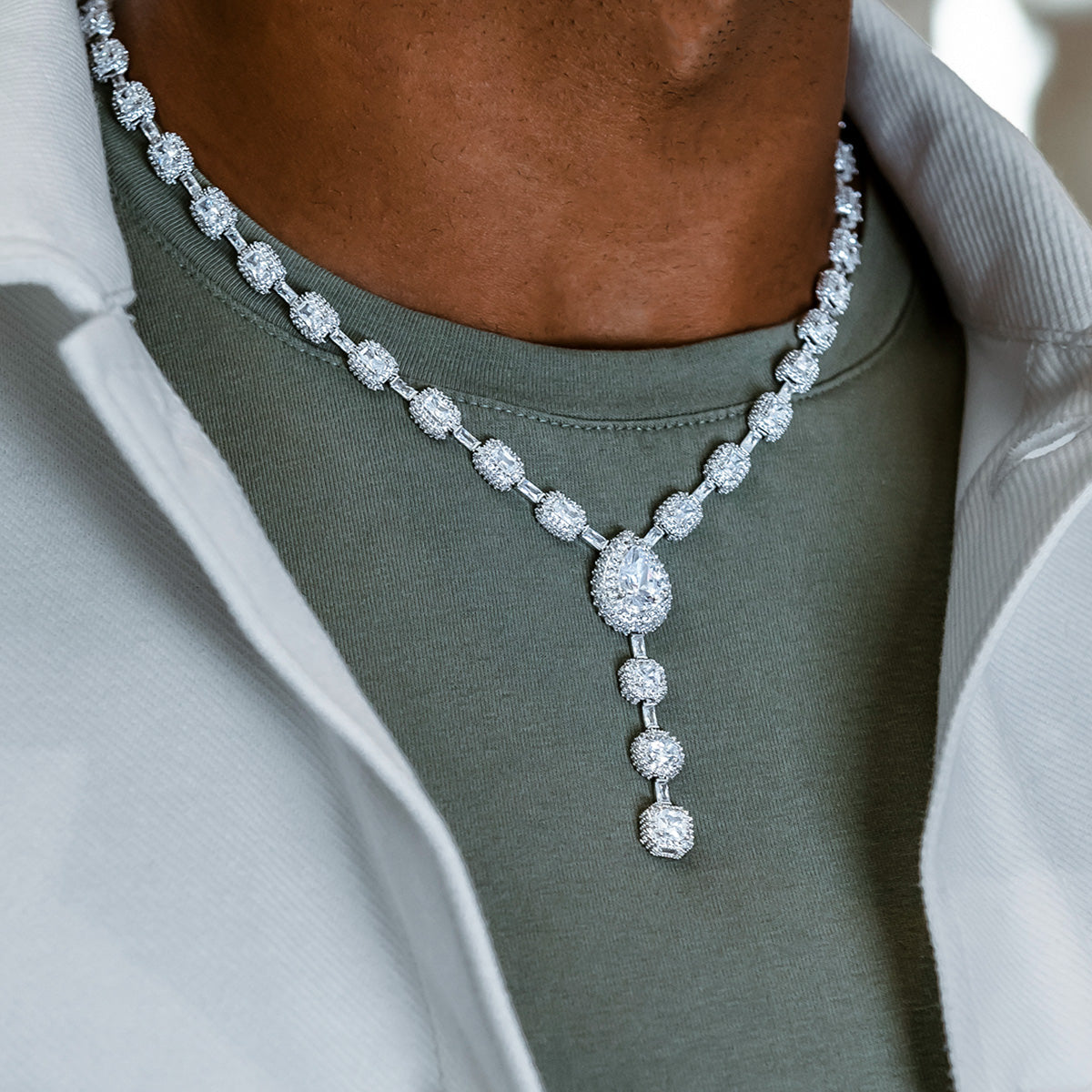 25 CT Pear & Cushion Cut Moissanite Diamond Lariat Silver Necklace For Him 3